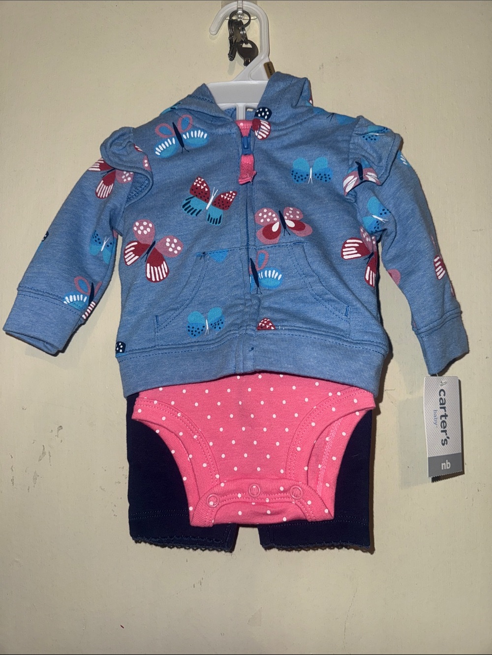 Carter's Blue Butterfly Zip Hoodie with Pink Polka Dot Bodysuit and Navy Shorts
